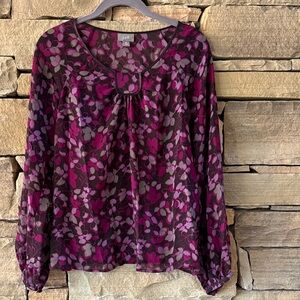 J. Jill Plum and Pink Floral Sheer Long-Sleeve Blouse with Satin Neck Detail